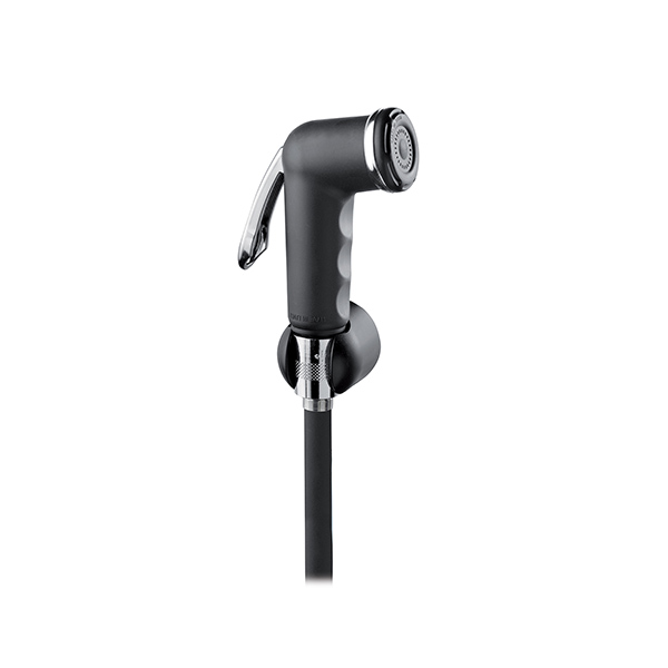 SHUT OFF HANDSHOWER-Black and chrome shut off shower with cm. 120 white fish net hose and ABS wall support